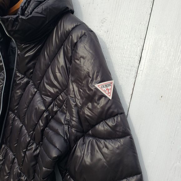 GUESS Shiny Womens Size XL BLACK Quilted Full Zip Pockets Puffer Jacket NEW - Picture 8 of 13
